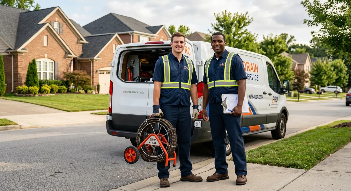 Sewer and drain service team with equipment ready for work in Bagley