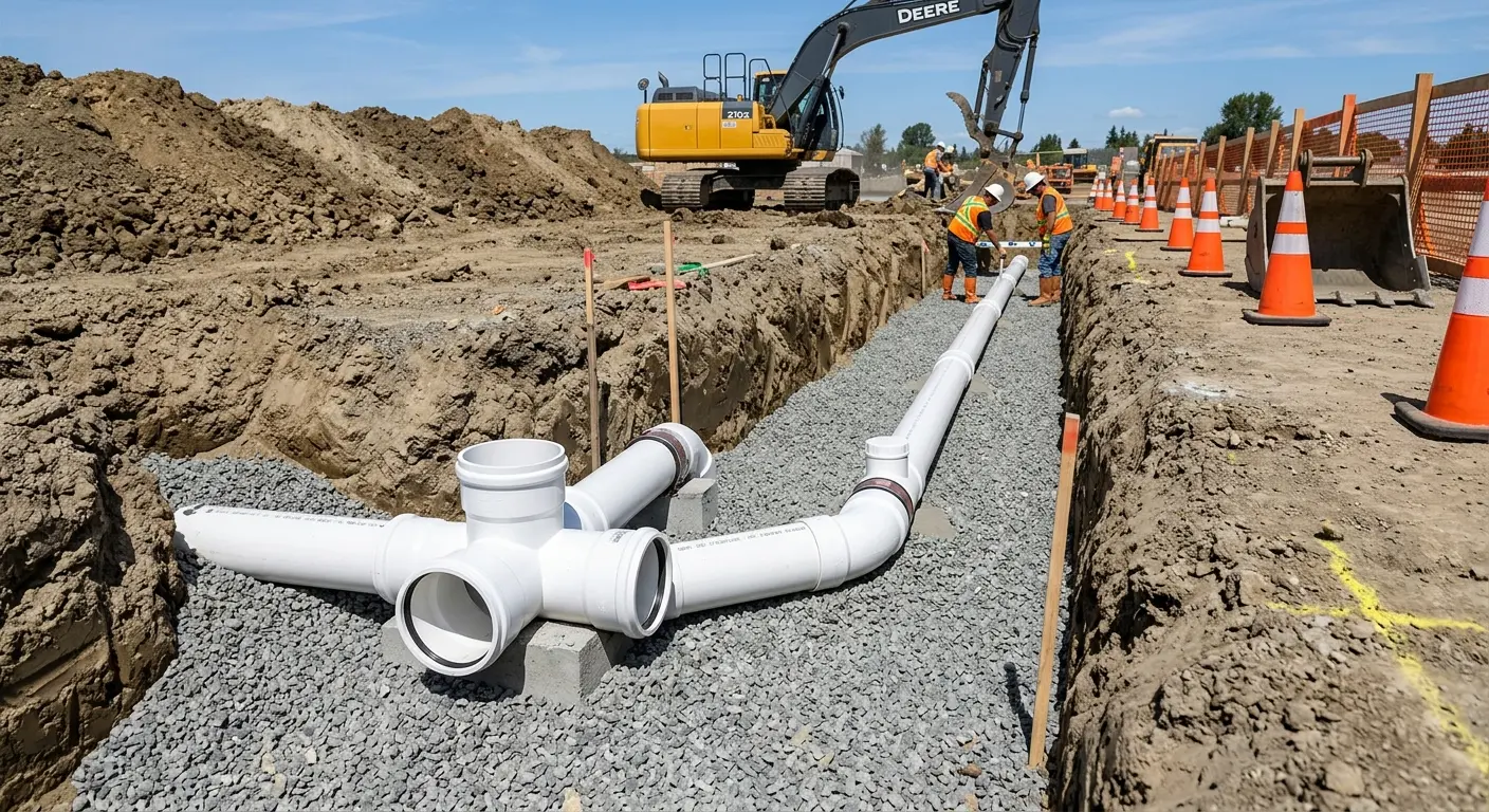 New PVC sewer pipe installation in open trench for Grease Trap Cleaning in Bagley