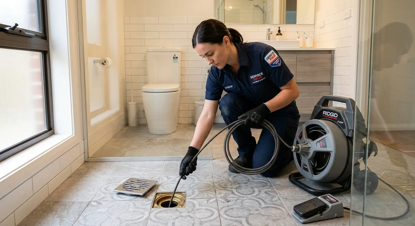 Technician clearing a bathroom floor drain for Clogged Drain Repair in Bagley
